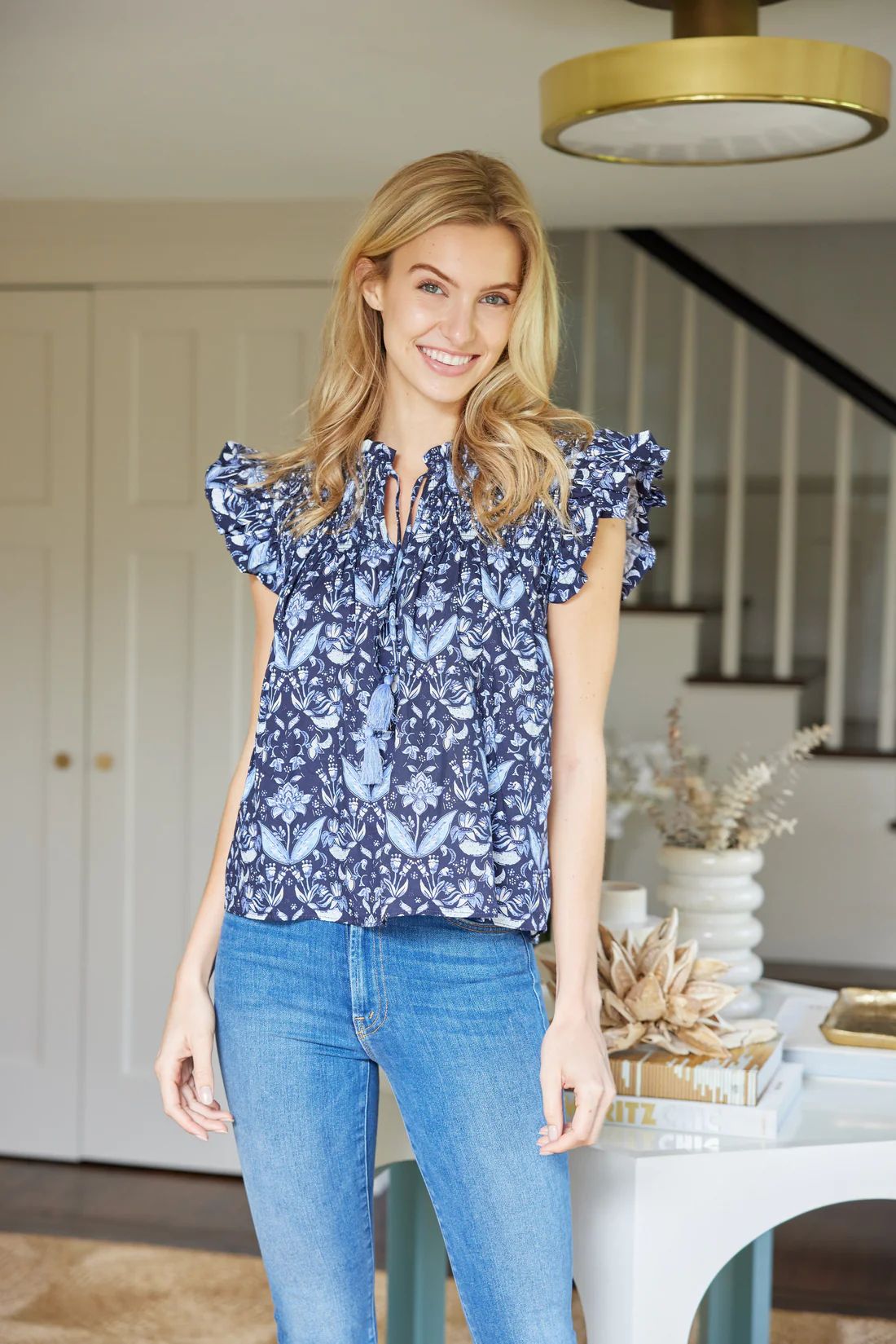 Navy Batik Print Flutter Sleeve Top with Tassels | Sail to Sable