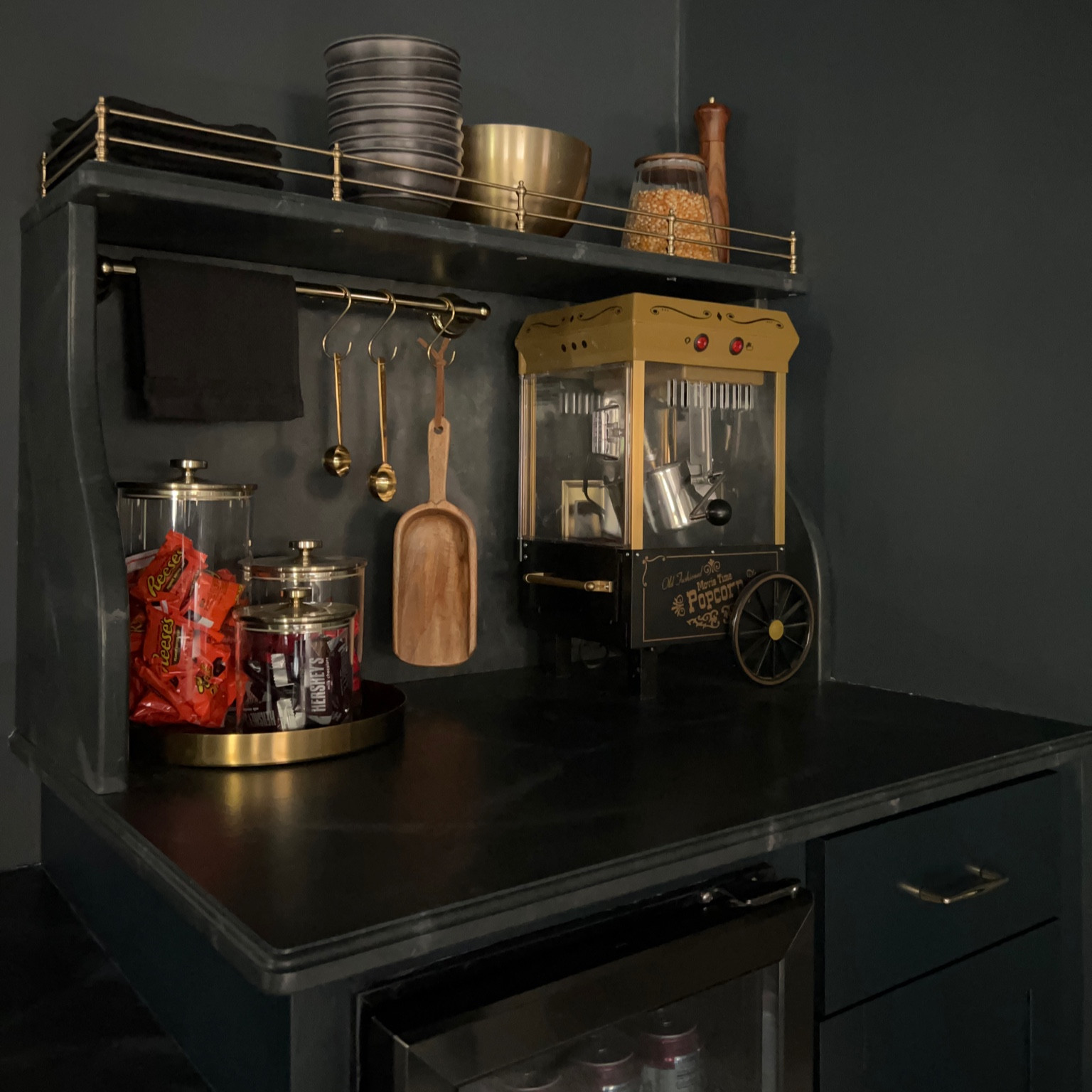 Snack bar, popcorn & candy station with brass gallery rail.

#LTKunder100 #LTKhome #LTKSeasonal