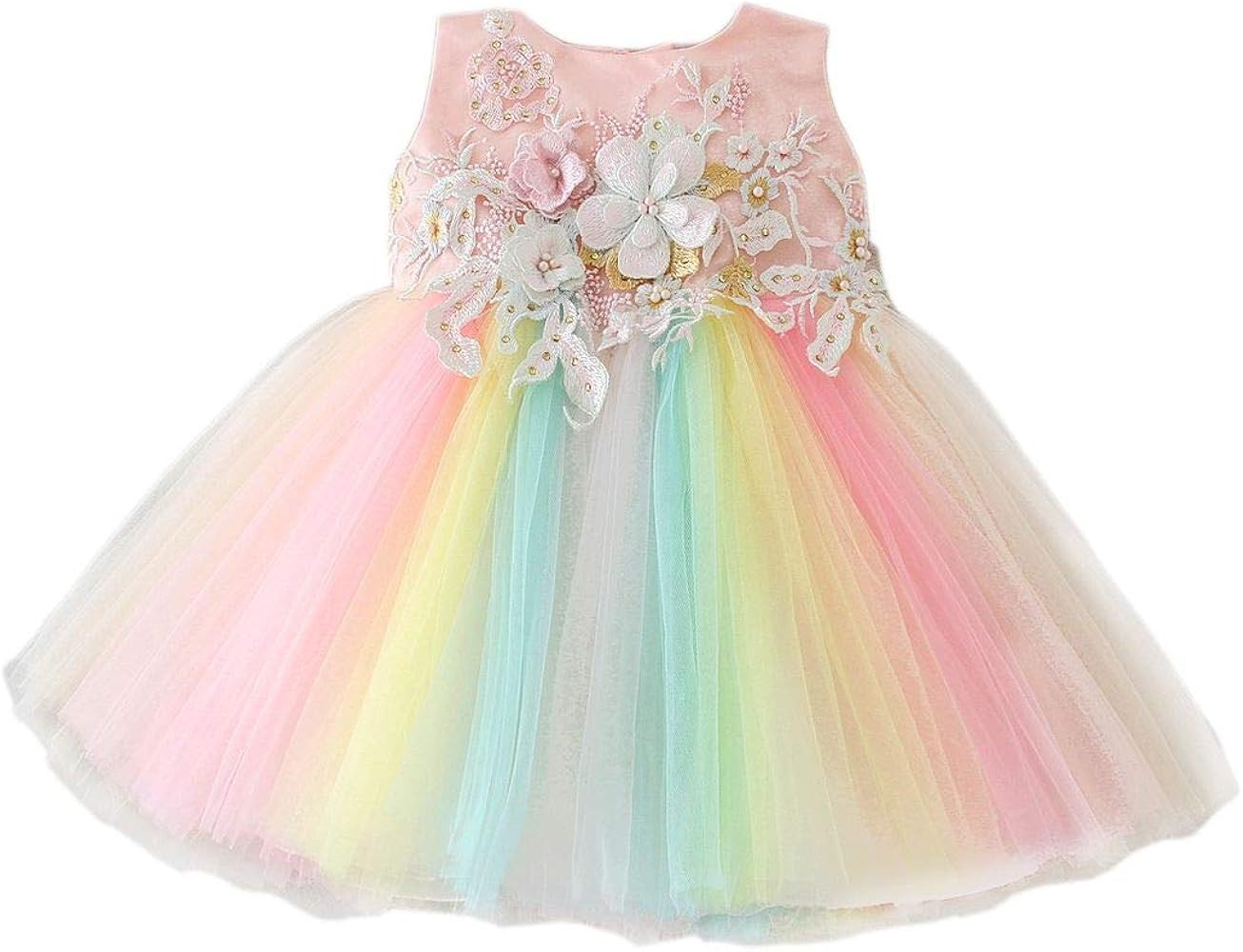 Bow Dream Baby Girls Party Dress Rainbow Tulle 3D Embroidery Beading Princess Wedding Dresses | Amazon (US)
