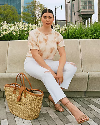 High Waisted White Ripped Raw Hem Cropped Flare Jeans | Express