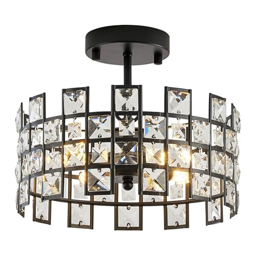 CATINER Black Crystal Pendant Light, 12'' Round 4-Light Modern Chandelier, Semi Flush Mount Ceiling Light for Kitchen Island, Dining Room, Bedroom, Entryway, Hallway, Foyer | Amazon (US)