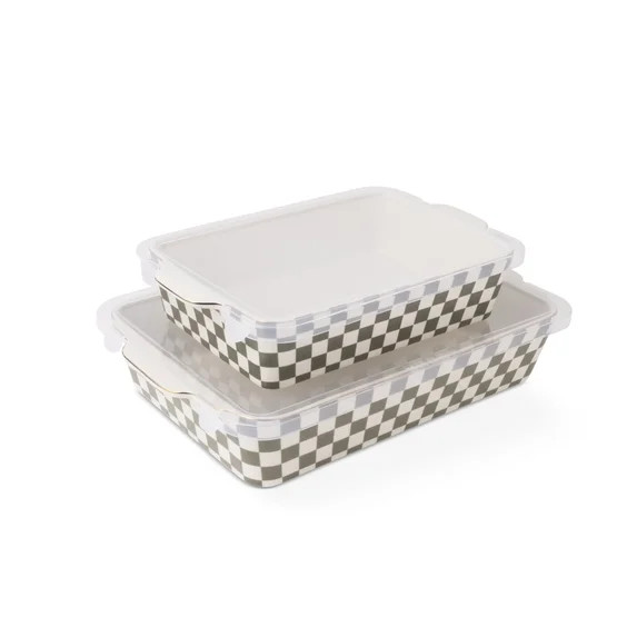 Thyme&Table 4-Piece Checkered Stoneware Baking Dish Set with Lids, Moss Green | Walmart (US)