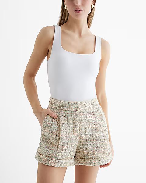 Stylist High Waisted Sequin Tweed Pleated Shorts | Express