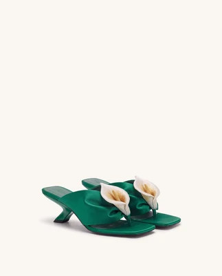 Bianca Calla Lily Ruched Toe-Post Heeled Sandals - Emerald Green | JW PEI US