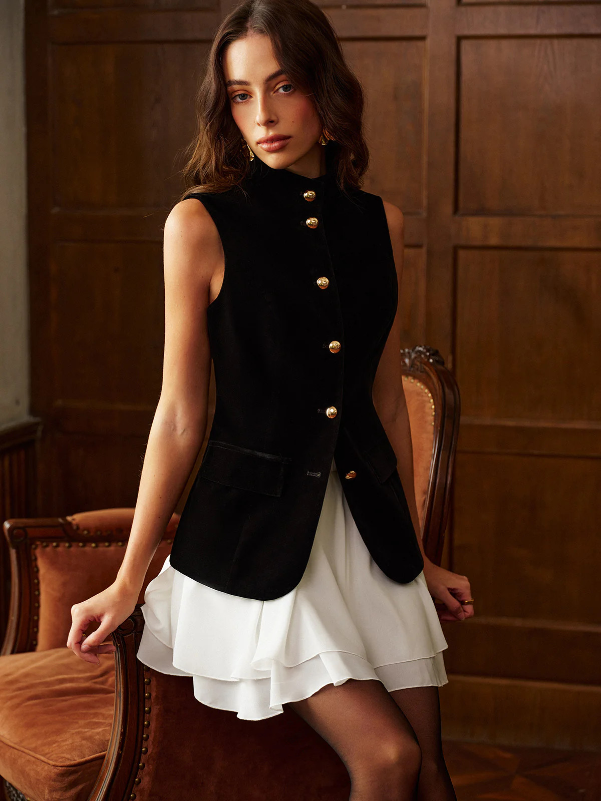 Button Slit Velvet Top With Chiffon Skirt Set | Commense