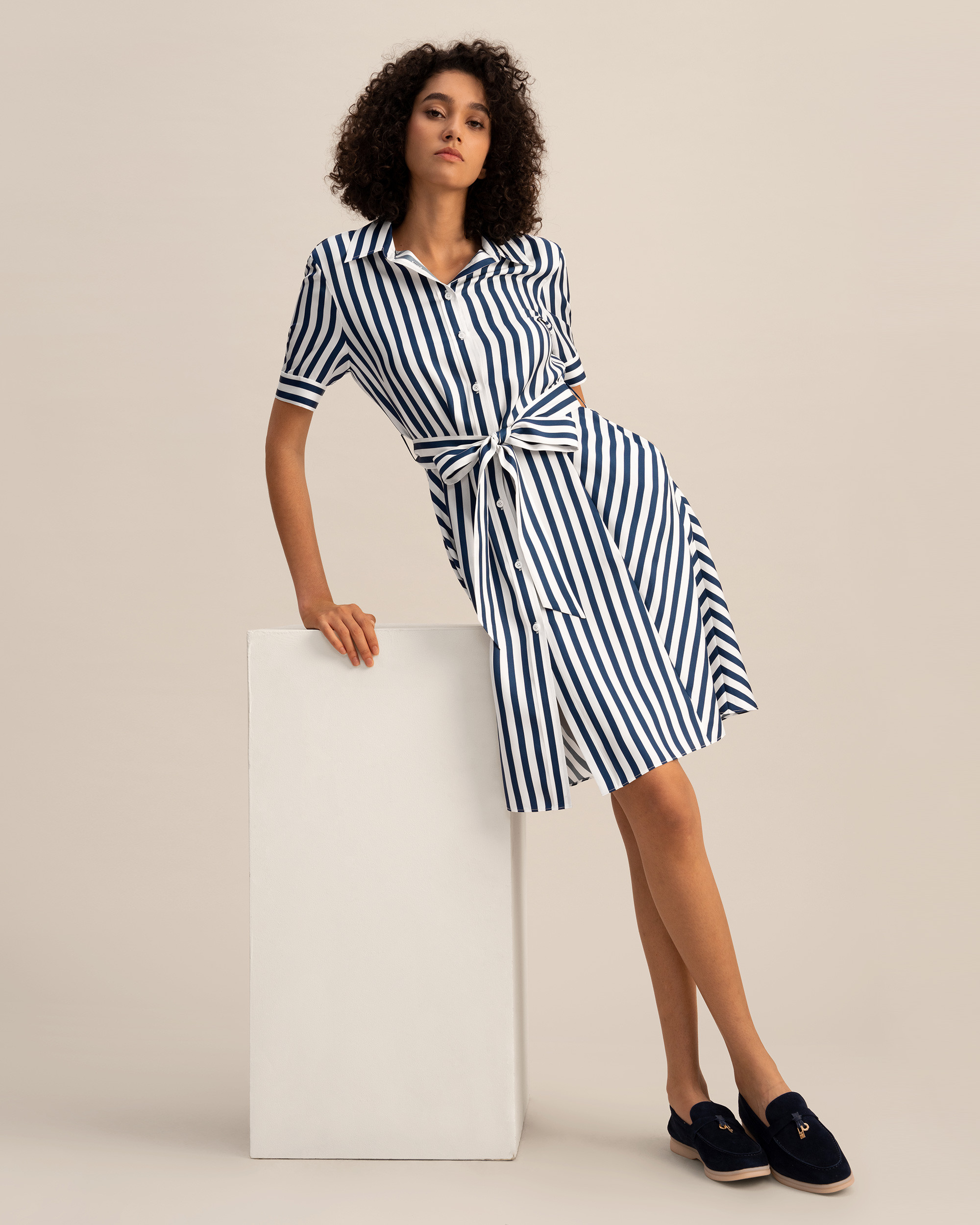 The Amalfi Stripe Silk Shirtdress with Belt | LilySilk