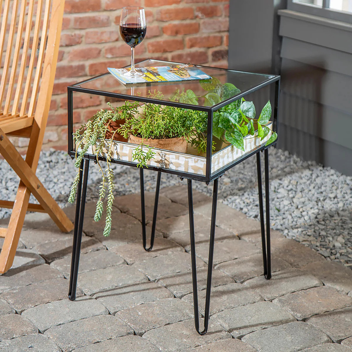 Side Table with Glass Top and Golden Planter Tray | Plow & Hearth