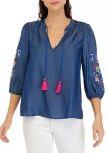 Women's 3/4 Sleeve Peasant Trim Tencel Top | Belk