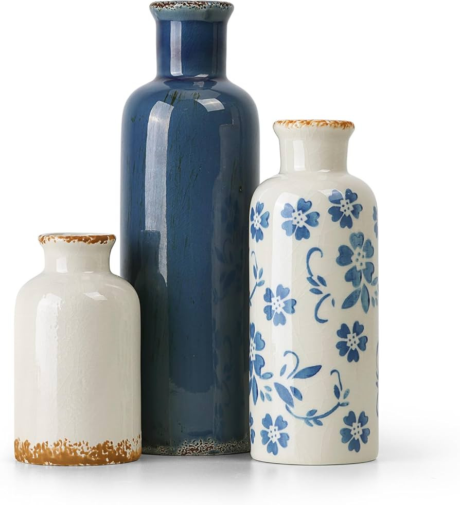 Ceramic Vases Set of 3, Blue and White Vintage Flower Vase for Farmhouse Shelves, Rustic Vase for... | Amazon (US)