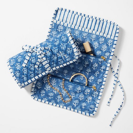 Block Print Quilted Travel Jewelry Roll Up | Mark and Graham