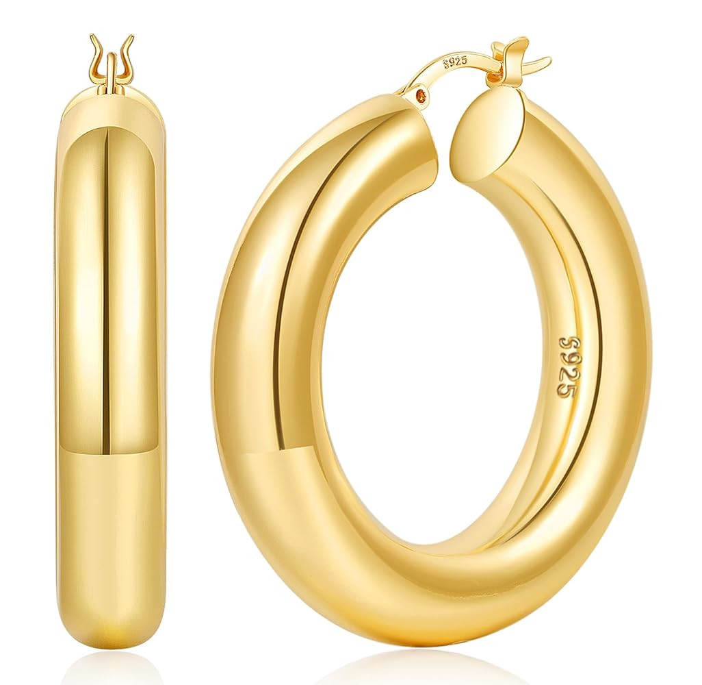 8mm Chunky Gold Hoop Earrings Hypoallergenic 925 Sterling Silver Hollow Tube Hoop Earring Lightwe... | Amazon (US)