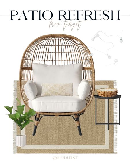 Patio refresh idea from Target, Target patio furniture, egg chair, Target egg chair, outdoor rug, jute rug, patio lights, patio furniture from Target, Target patio decor, citronella candle, outdoor planter, patio inspiration

#LTKSeasonal #LTKsalealert #LTKhome