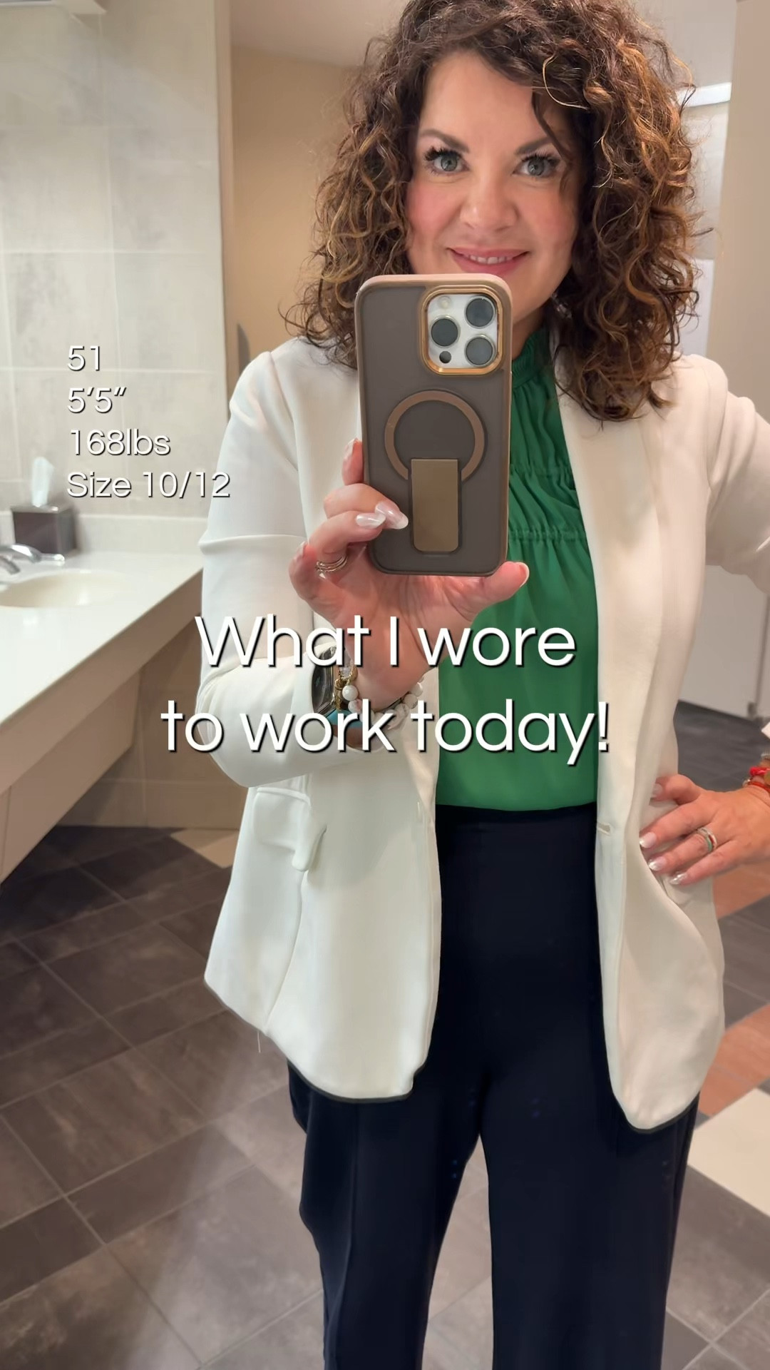 Bathroom mirror fit check, these super wide leg pants from Quince have become my go to! I have the 27.5 inseam and these are the 32 in. They true to size, I am warring a Large. Found a couple of options of the green top as mine is not available. 

#LTKootd #LTKMidsize #LTKWorkwear