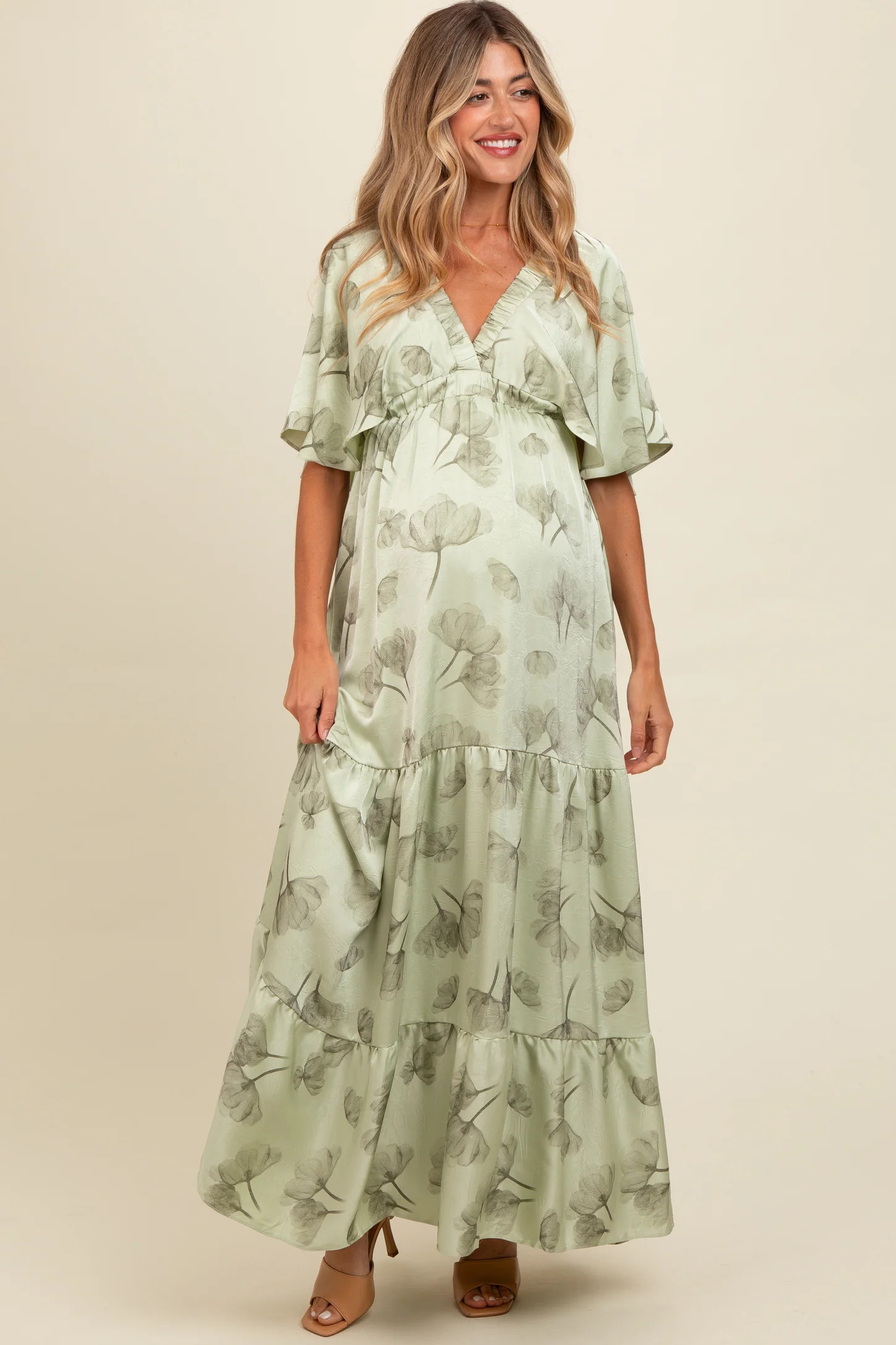 Light Olive Floral Deep V-Neck Maternity Maxi Dress | PinkBlush Maternity