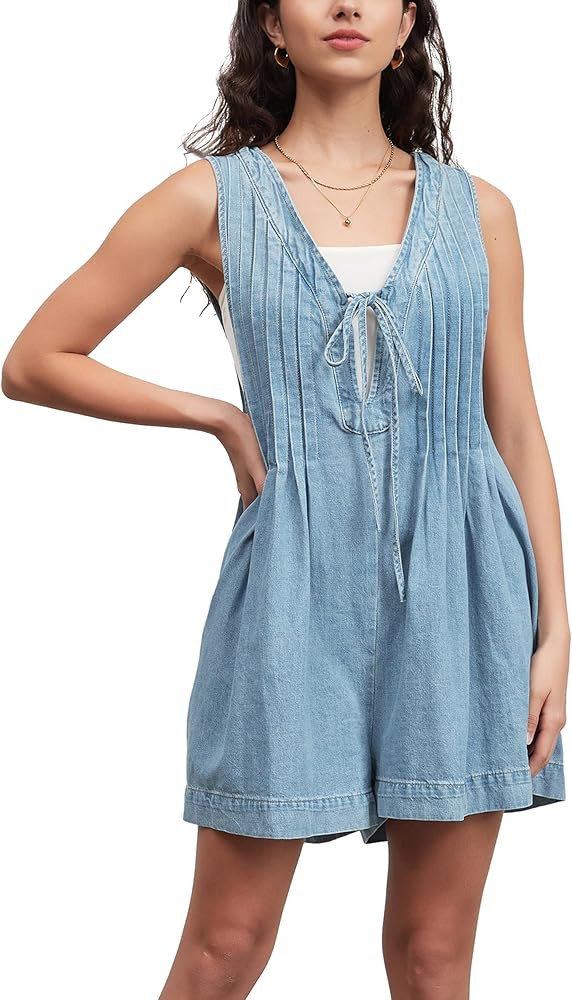 D-Sun Women Summer Sleeveless Denim Romper Casual V Neck Tie Front Ruffled Denim Short Overall Ju... | Amazon (US)