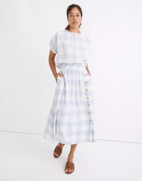 Linen-Blend Side-Button Midi Skirt in Gingham Check | Madewell