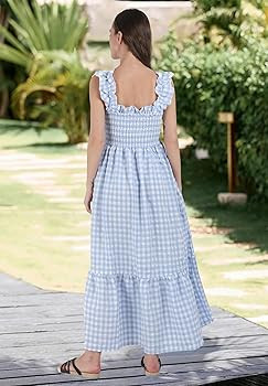 chouyatou Women's Retro Plaid Smocked Dress Spaghetti Strap Flounce Long Dress | Amazon (US)