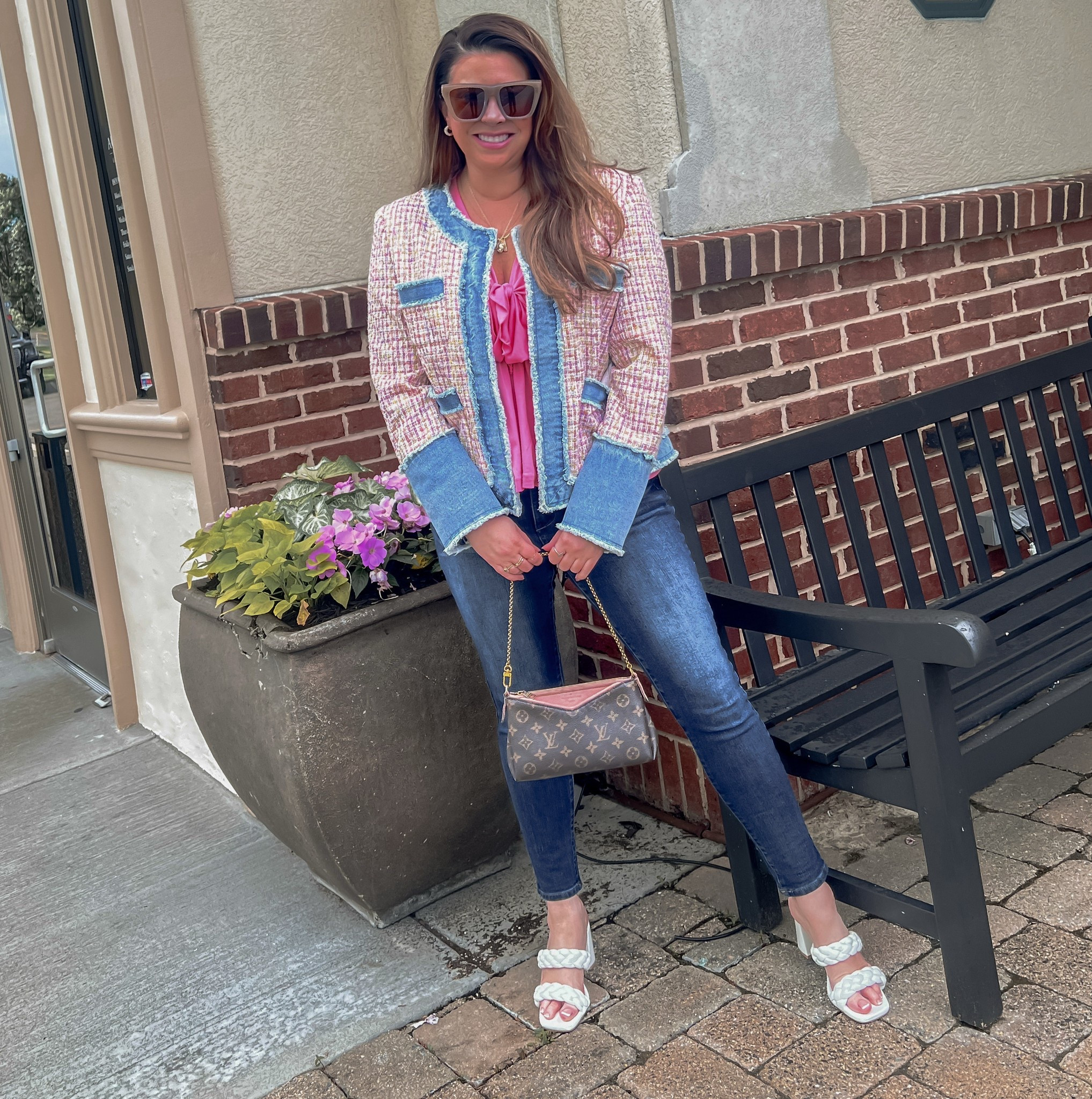 Spring fashion 
Summer fashion
Out to dinner outfits 
Casual chic 
Pastel plaid jean tweed blazer 
Pink cute top 
White braided open toe sandal heels 
Amazon shades 
LV

#LTKStyleTip #LTKSummerEdit #LTKSeasonal