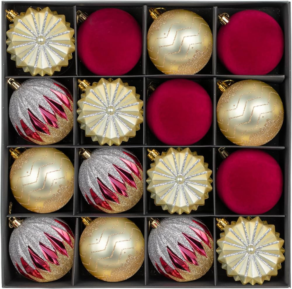 3.15" Velvet Red and Gold Christmas Ball Ornaments Set, 16 pcs Flocked Burgundy Xmas Tree Decorat... | Amazon (US)