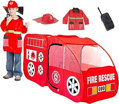 Fire Truck Pop Up Play Tent with Firefighter Costume, Jacket & Hat– Red Fire Engine Playhouse f... | Amazon (US)