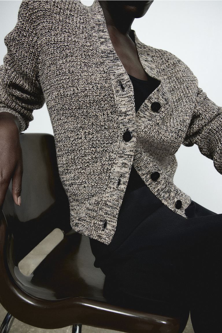 Shoulder-pad Cardigan - V-neck - Long sleeve - Beige melange - Ladies | H&M US | H&M (US + CA)