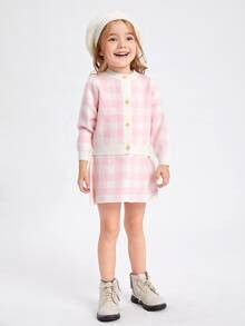 SHEIN Toddler Girls Buffalo Plaid Cardigan and Knit Skirt Set | SHEIN