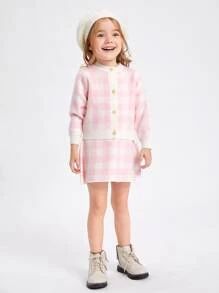 SHEIN Toddler Girls Buffalo Plaid Cardigan and Knit Skirt Set | SHEIN