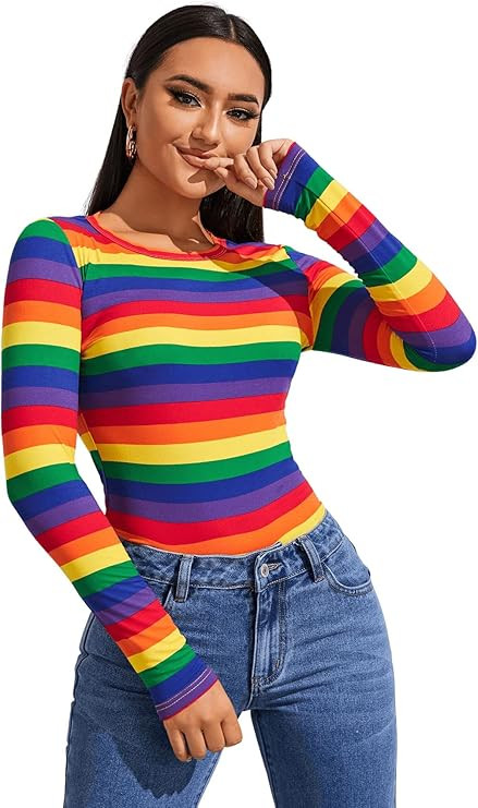 SweatyRocks Women's Casual Long Sleeve Rainbow Striped Slim Fit Tee Shirt Top | Amazon (US)