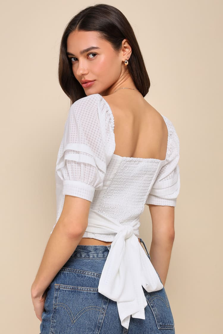 Say It Back White Puff Sleeve Tie-Back Crop Top | Lulus
