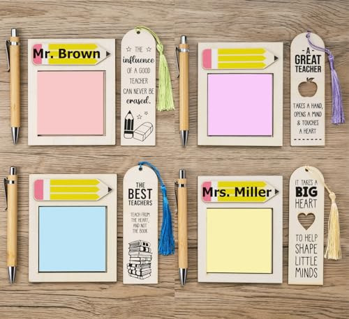 12 PCS Personalized Teacher Appreciation Gifts in Bulk - Teacher Desk Name Gifts with 4 Sticky Note Pad Holders & 4 Bookmarks & 4 Bamboo Pens & 2 DIY Letter Stickers - Thank You Gifts for Teachers | Amazon (US)