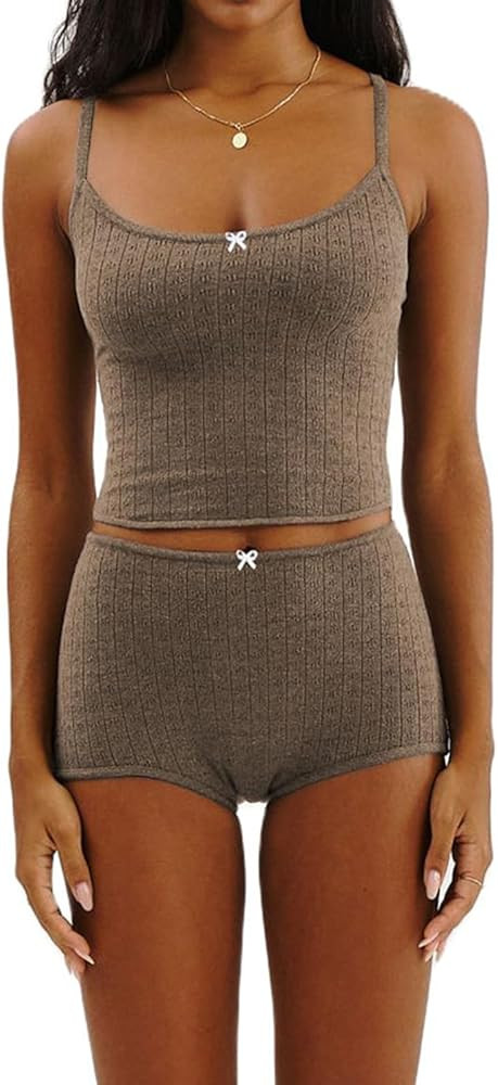 JBEELATE Women's Sexy 2 Piece Pajamas Sets Y2k Sleeveless Cropped Tops and High Waist Shorts Pjs ... | Amazon (US)