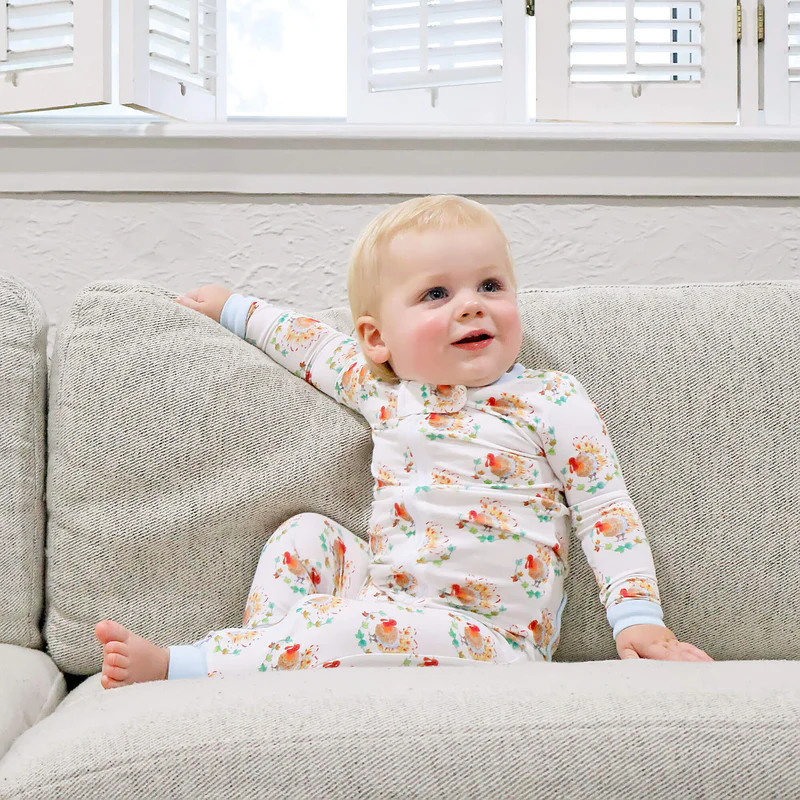 Feathery Turkey Print Blue Rib Zip Sleeper | Classic Whimsy