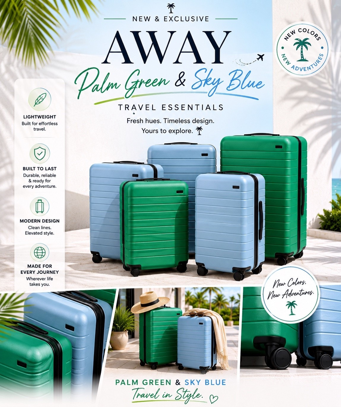 Summer travel essentials ✈️💚🩵
Obsessed with these new AWAY colors in Palm Green & Sky Blue. The prettiest luggage sets for summer travel, beach vacations, girls trips, and weekend getaways. Lightweight, timeless, and so chic. Travel outfit and airport aesthetic approved.

#LTKTravel #LTKWorkwear #LTKHome