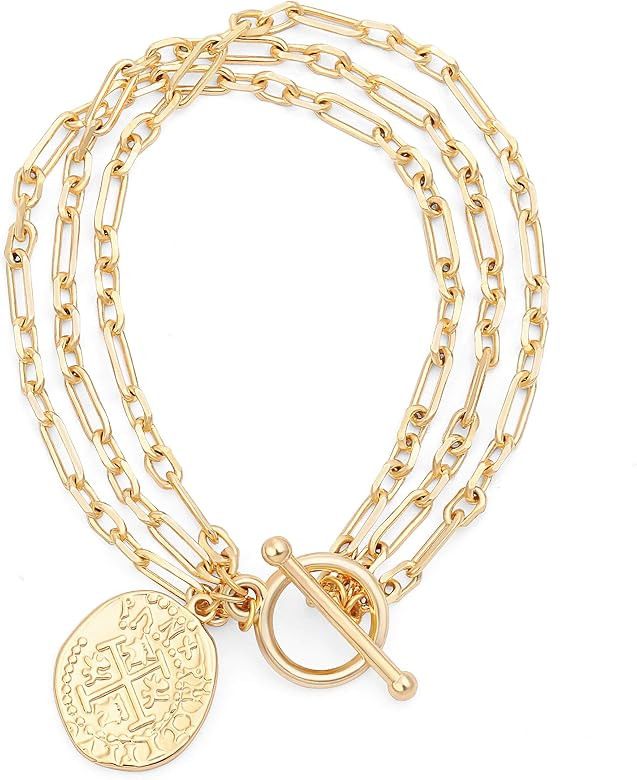 PEARLADA 18k Gold Chain Layerd Bracelet Coin Charm Toggle Bracelet Trendy Cubic Zirconia Jewelry | Amazon (US)