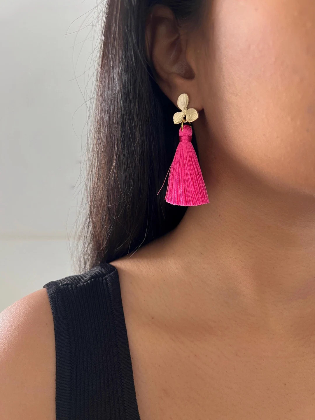 Hot Pink Tassel Earrings With Gold Floral Studs | Boho Statement Earrings | Handmade Fringe Earri... | Etsy (US)