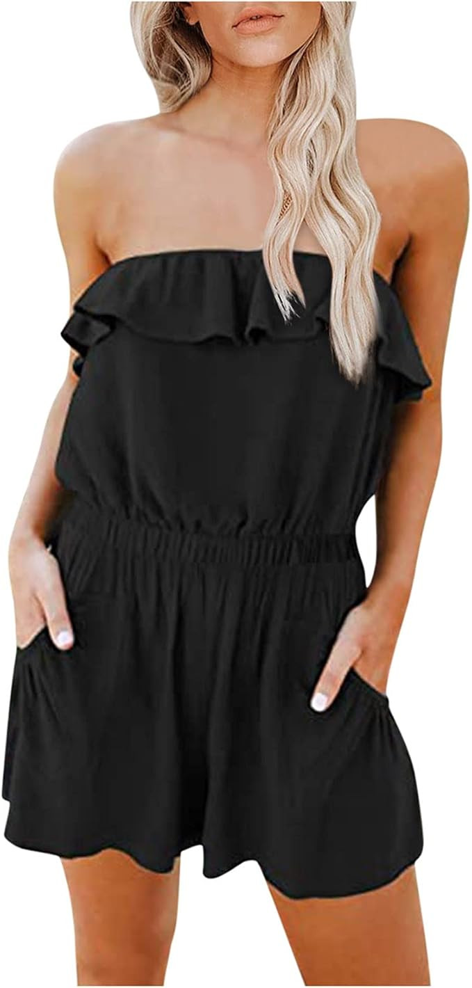 Lopibha Women’s Off Shoulder Ruffle Rompers Drawstring Strapless Elastic Waist Shorts Jumpsuit ... | Amazon (US)
