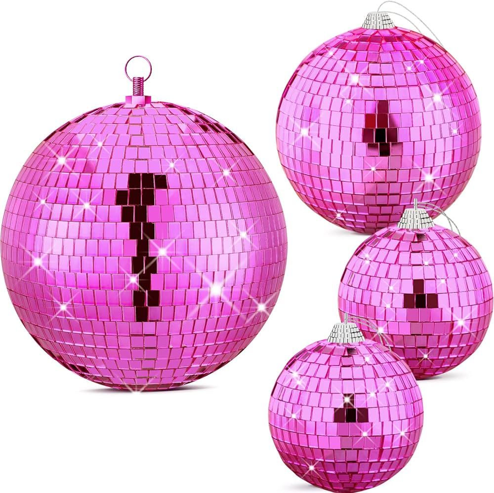 4 Pcs Large Pink Disco Ball Mirror Disco Ball 70s Mellow Pink Disco Ball Hanging Disco Ball Stage... | Amazon (US)