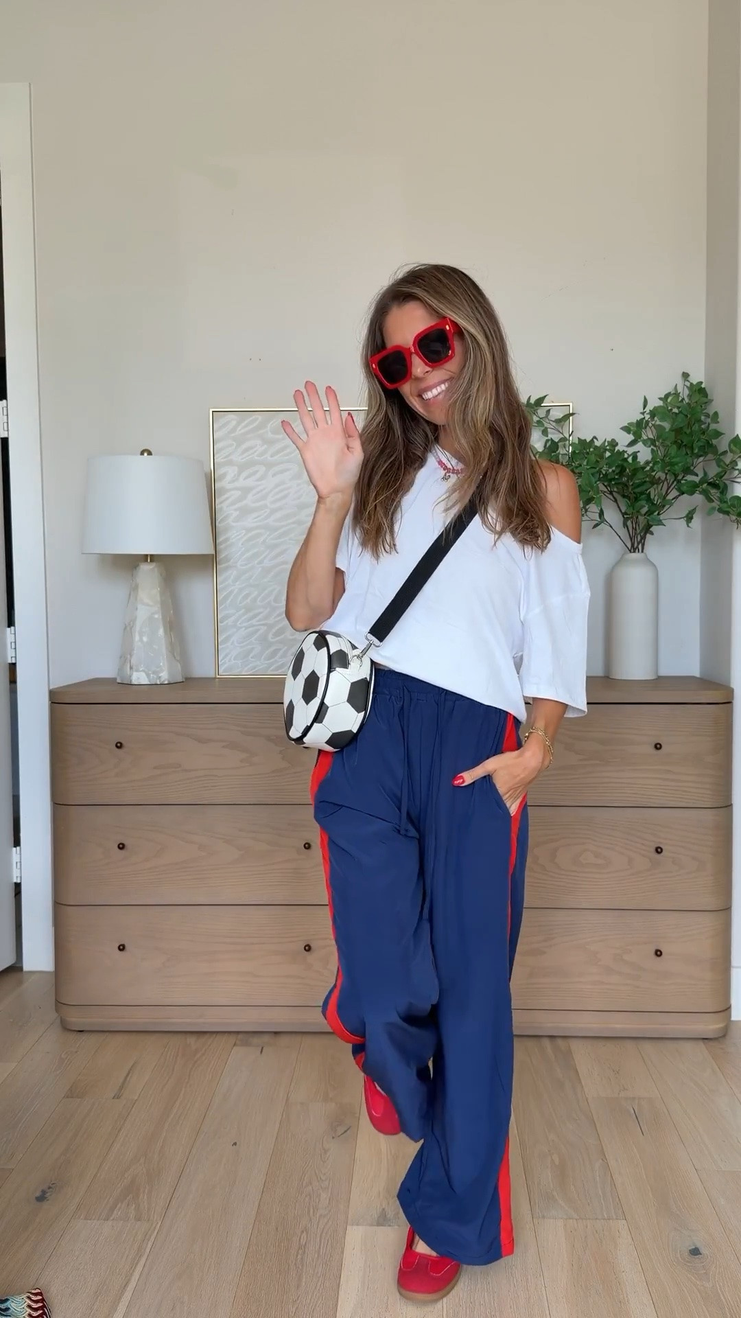 Love these Amazon track pants!! Size XS - lots of color and print options and only $29.99!!! Off the shoulder white tee is a great staple! Mary Jane sneaker look for less! Soccer ball purse old navy

#LTKSaleAlert #LTKootd #LTKgrwm