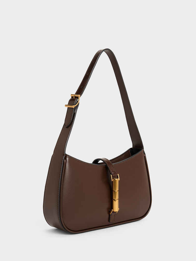 Cesia Metallic Accent Shoulder Bag - Dark Brown | Charles & Keith UK