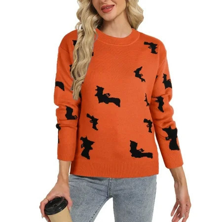 Sweaters for Women Casual Crewneck Long Sleeve Halloween Bat Print Knitted Warm Fall Winter Pullover Sweater Tops Alsol Lamesa | Walmart (US)
