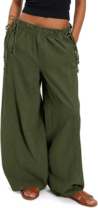 Fisoew Womens Wide Leg Casual Pants Summer Drawstring Elastic Waist Loose Cotton Pants with Pocke... | Amazon (US)