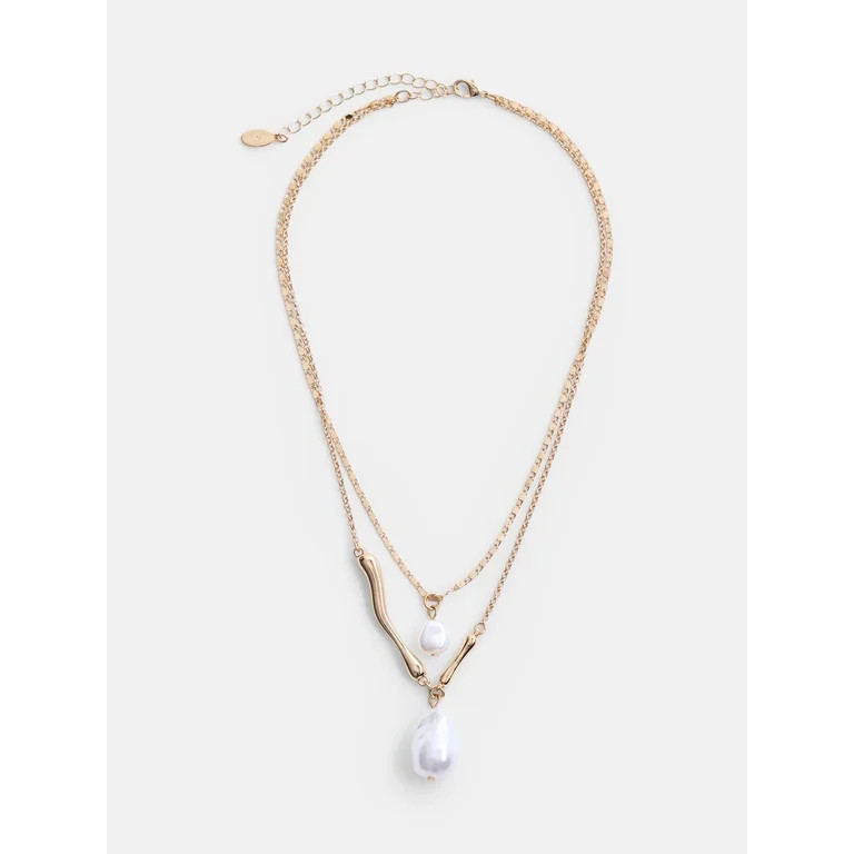 Scenario Women's Gold-Tone Necklace with Faux Pearl Pendants, 2-Piece | Walmart (US)