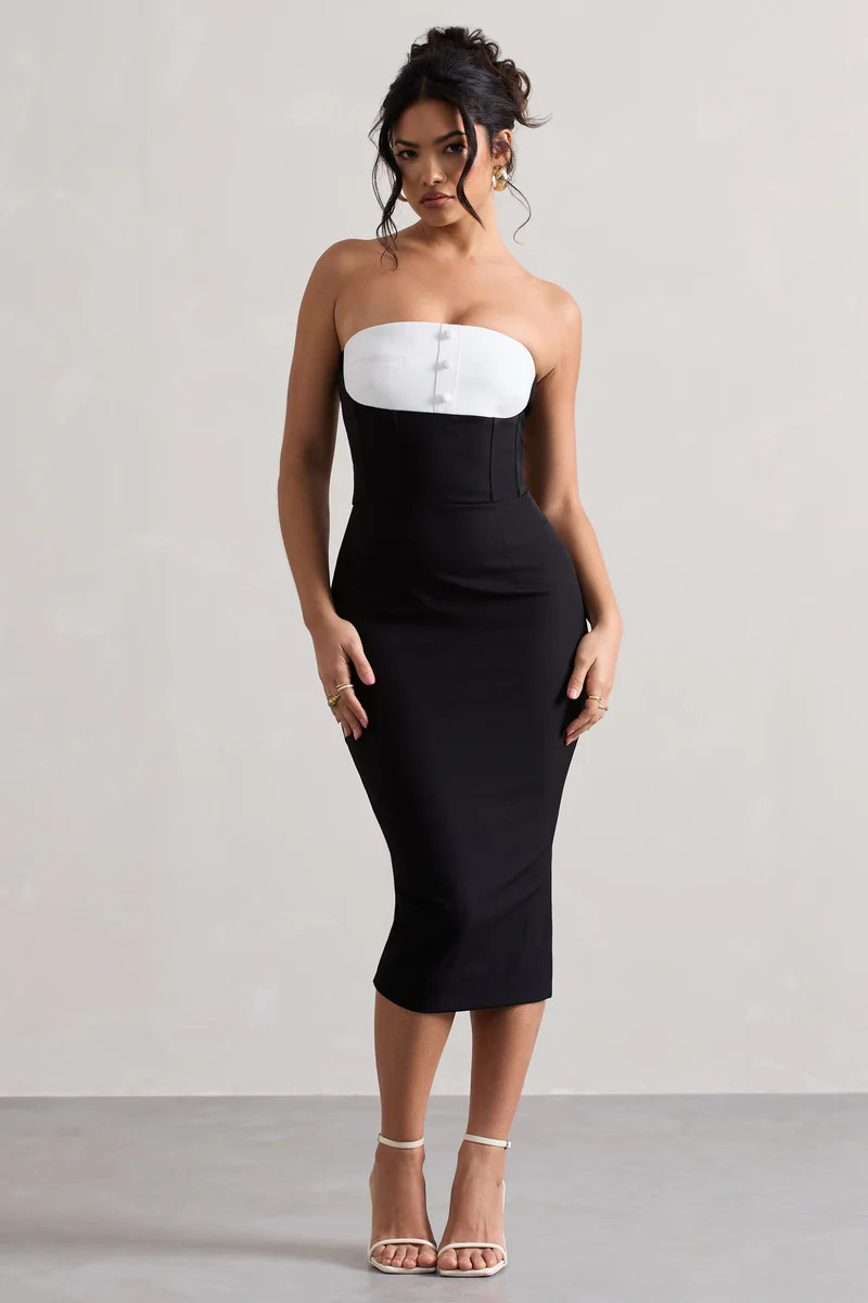 My Darling  Black Tailored Bandeau Split Midi Dress | Club L London