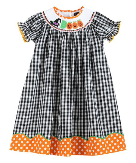 Lil Cactus Black & Orange Gingham 'Booo' Smocked Bishop Dress - Infant, Toddler & Girls | Zulily