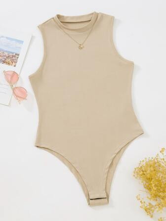 SHEIN Relaxiva Solid Color Sleeveless Ribbed Bodysuit Perfect For Summer Beach Wear | SHEIN