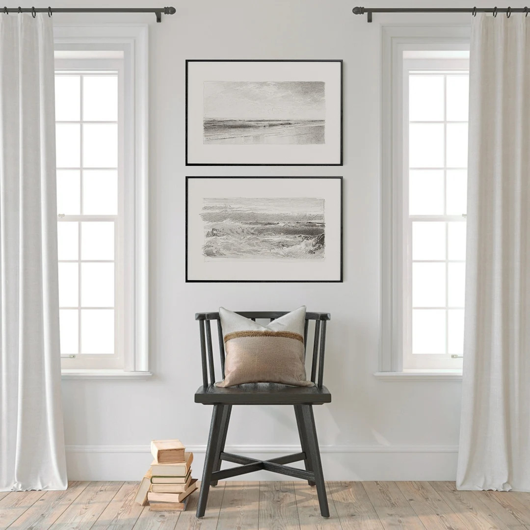 Vintage Seascape Drawing, Wall Art Set of 2, Sketch of a Beach, Charcoal Coastal Print Set, DIGIT... | Etsy (US)