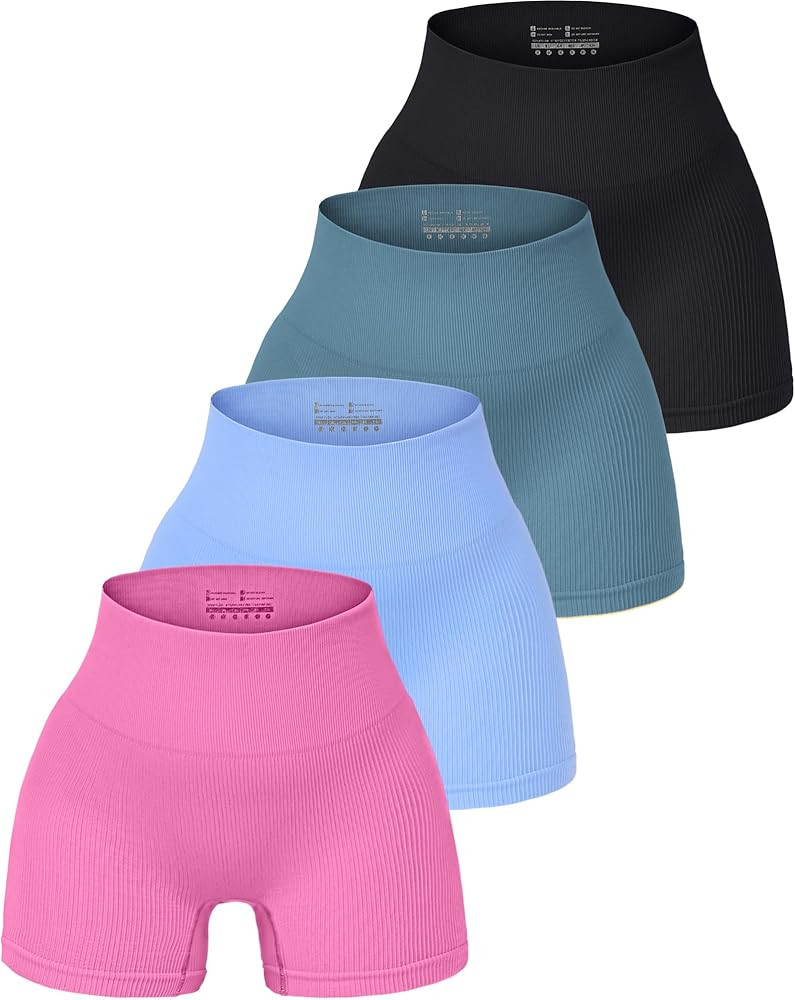 LZYVOO 4 Piece Workout Shorts Sets Womens, High Waisted Ribbed Seamless Yoga Spandex Biker Shorts | Amazon (US)