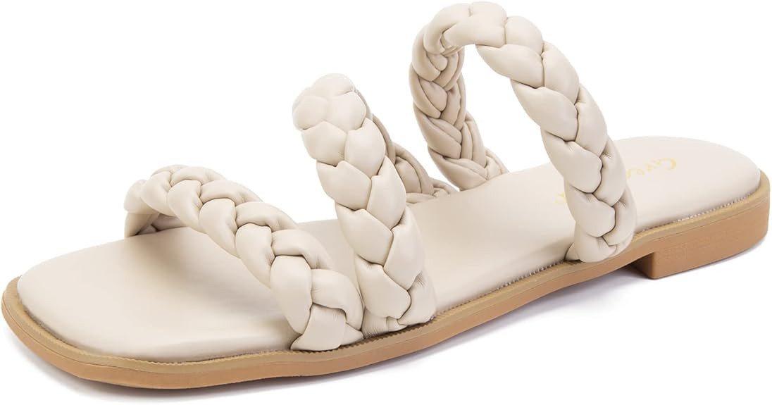 Greatonu Women's Square Toe Braided Flat Sandals Dressy Summer Open Toe Slides Strappy Slip On Wo... | Amazon (US)