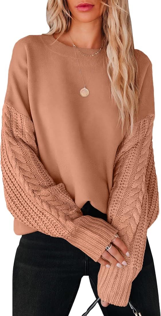 ANRABESS Women's 2023 Fall Sweaters Long Sleeve Crewneck Cable Knit Pullover Oversized Casual Chu... | Amazon (US)
