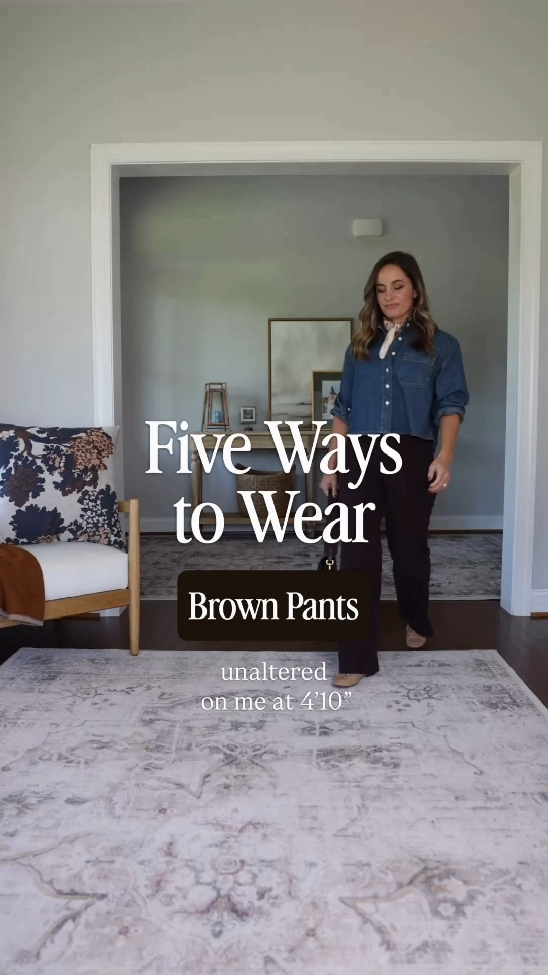 Five outfit ideas with a pair of brown pants for petites! 

Pants (J.Crew Factory): petite 24 / 10” rise / 28” inseam / true to size fit 

Outfit 1 
Chambray top (Madewell): xxs 
Ballet flats (Sam Edelman): true to size 

Outfit 2 
Jacket (Aritzia): xxs 
Striped top (Madewell): xxs 
Ballet flats (Dolce Vita): true to size 

Outfit 3 
Jacket (Madewell): xxs 
White top (Old Navy): xs 
Ballet flats (Dolce Vita): true to size 

Outfit 4 
Top (Old Navy): petite xxs 
Ballet flats (Dolce Vita): true to size

Outfit 5
Top (BR Factory): xxs 
Ballet flats (Dolce Vita): true to size

For size comparison: 32”, 24”, 36” / 25” ankle inseam 27.5-28” full length inseam

#LTKPetite